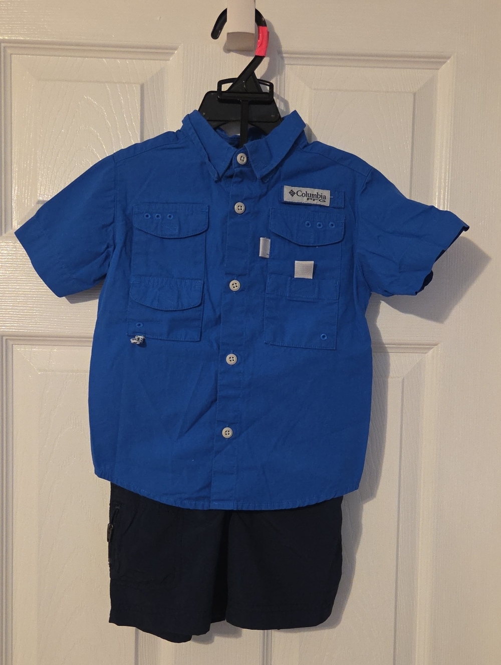 NWOT. 3T Columbia Boys' Short Sleeve Button-Front Shirt and Navy Shorts